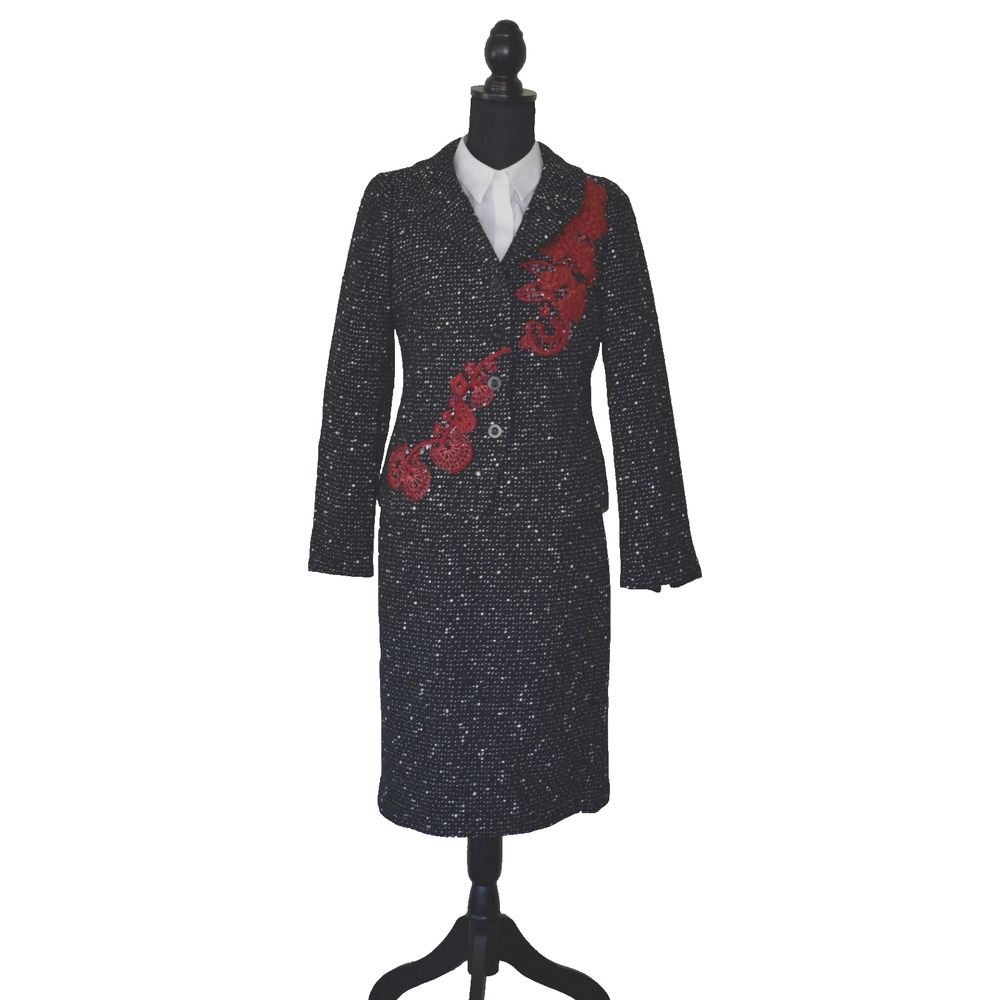 B0 Auth RICKIE FREEMAN FOR TERI JON Black/White Tweed Jacket 6 Skirt 2 Suit Set